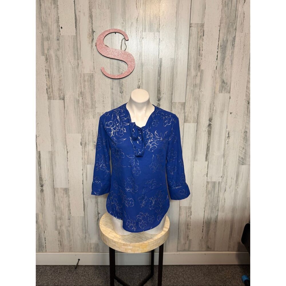 Como Black Royal Blue Floral Sheer Blouse Small | 3/4 Sleeve Tie Neck Top